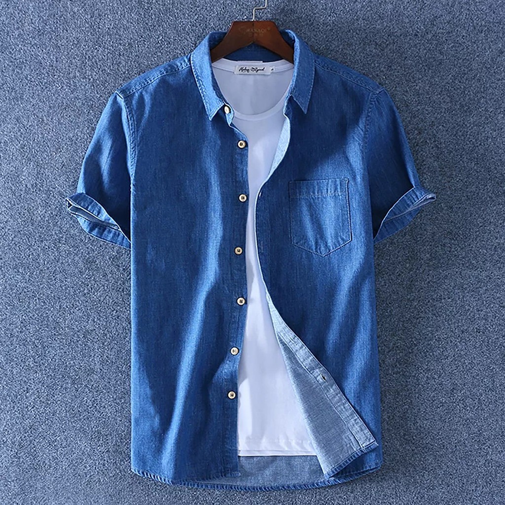 TOTOTAshop.Kemeja jeans pria BOZZ NT,Bahan jeans wash original,Lengan pendek,fit to M-L-XL-XXL.
