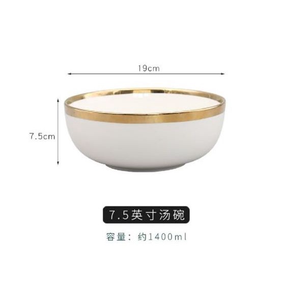 HDB Salad Bowl Putih List Gold Mangkok Salad Ukuran Kecil Mangkok Nasi Mangkok Sup Mangkok Meramik