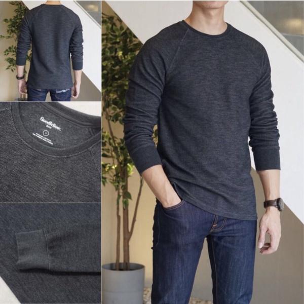 Outerwear Pria Goodfellow Crewneck Textured Sweatshirt Dark Grey Original Kaos Waffle - L