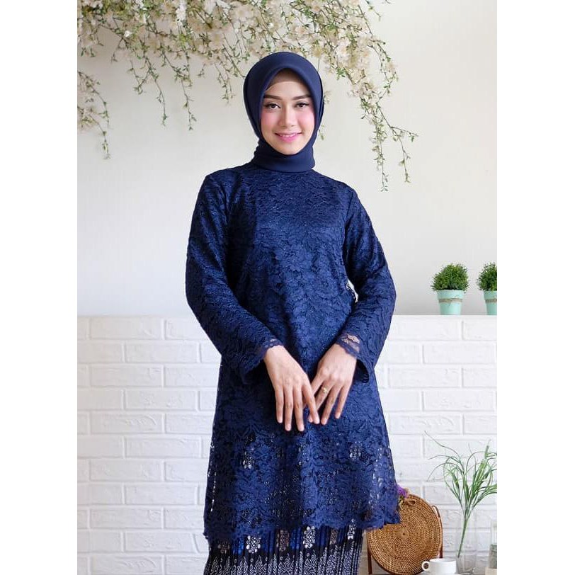 Tunik Alfiana Kebaya Brukat Corneli Tulang Glitter Brokat Timbul Set Kebaya Batik Wisuda Kondangan-NAVY ATASAN AJA