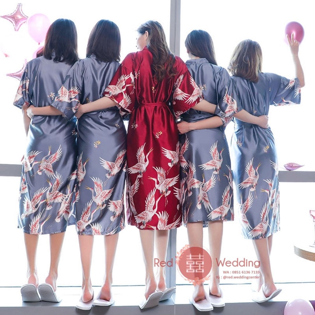 Gaun Kimono Pengatin Bride Bridesmaid Wedding Bahan Satin Motif Burung Bridal Morning Robe TANPA BORDIR