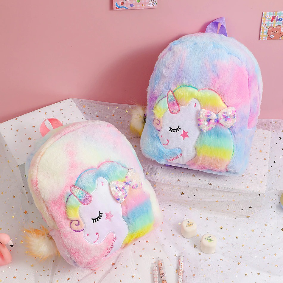 Tas Ransel Unicorn fluffy Backpack bulu unicorn Anak Paud Tk kekinian Tas sekolah anak Perempuan paud tk tas jalan anak perempuan import berkualitas Tas Blingberry import tas blingberry grosir