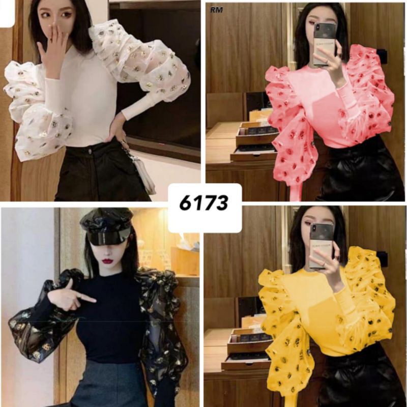 (ready gudang) atasan rajut lengan kombi tile kaca 6173 (ld 90-96)  blouse balon puff Rajut import