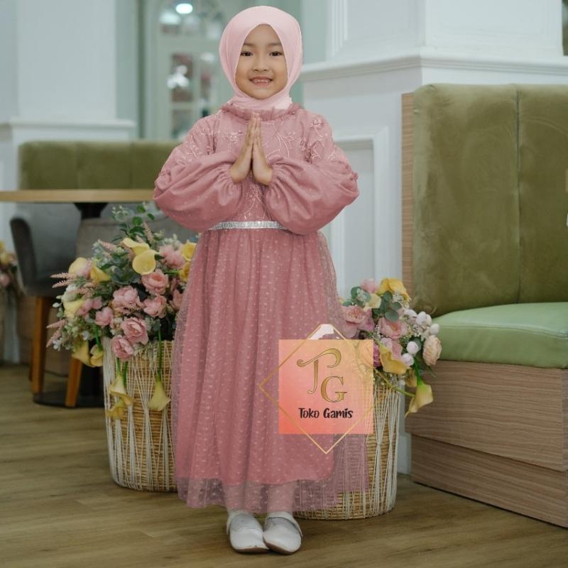 Gamis Anak Perempuan Lebaran 2022 terbaru model lengan balon bahan tille dot murah mewah pesta konda