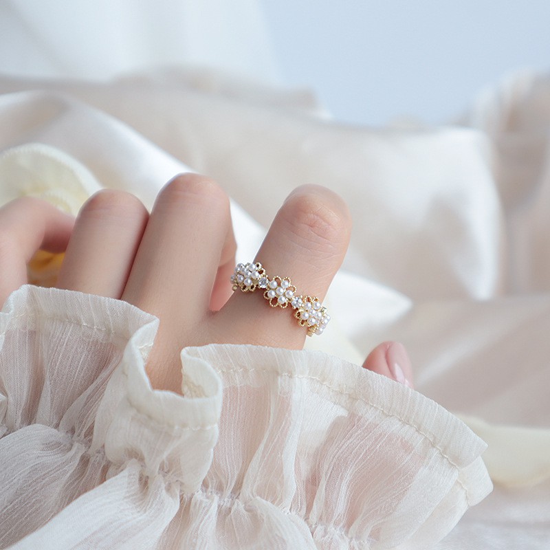 Cincin Model Terbuka Dapat Disesuaikan Desain Bunga Aksen Mutiara