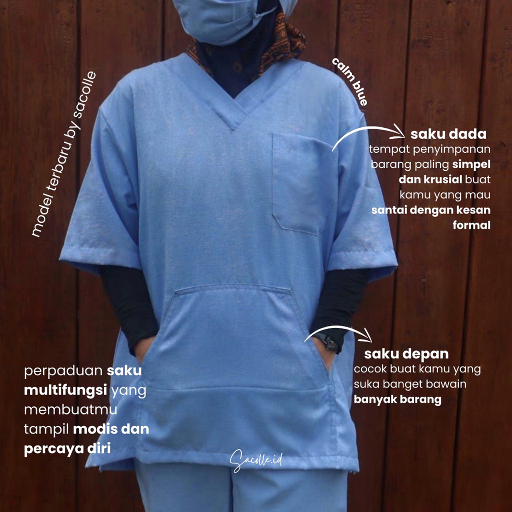 Scrub Dokter Denim Series / Set Baju Celana Jaga OK OKA - Lengan Pendek