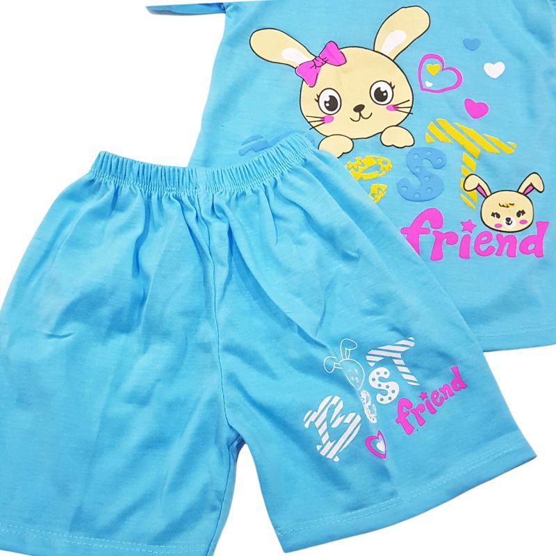 SETELAN SIKUNING PAKAIAN BAJU ANAK PEREMPUAN 2-7 TAHUN MOTIF BEST FRIEND RABBIT