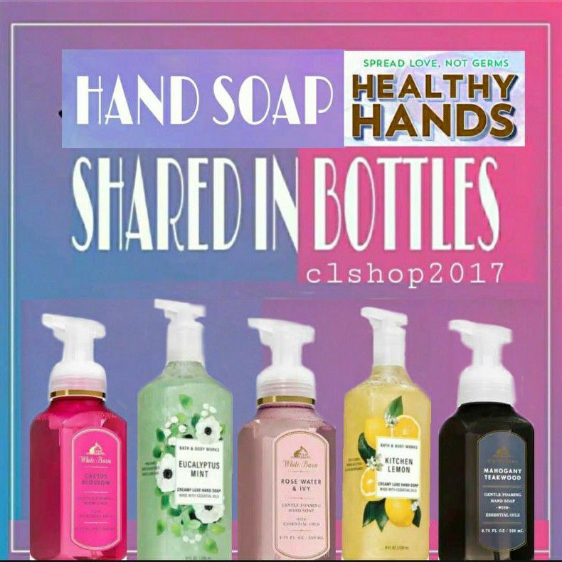 BBW HAND SOAP SHARE IN BOTTLE 30 ML HAND WASH PART 1/2 japanese cherry blossom rose water ivy raspberry tangerine dark kiss beautiful day black cherry merlot afternoon apple picking flannel turqoise water watermelon lemonade kitchen lemon french lavender