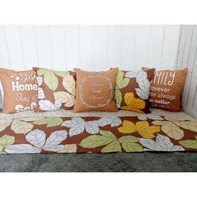 sarung bantal sofa coklat karakter mix motif daun