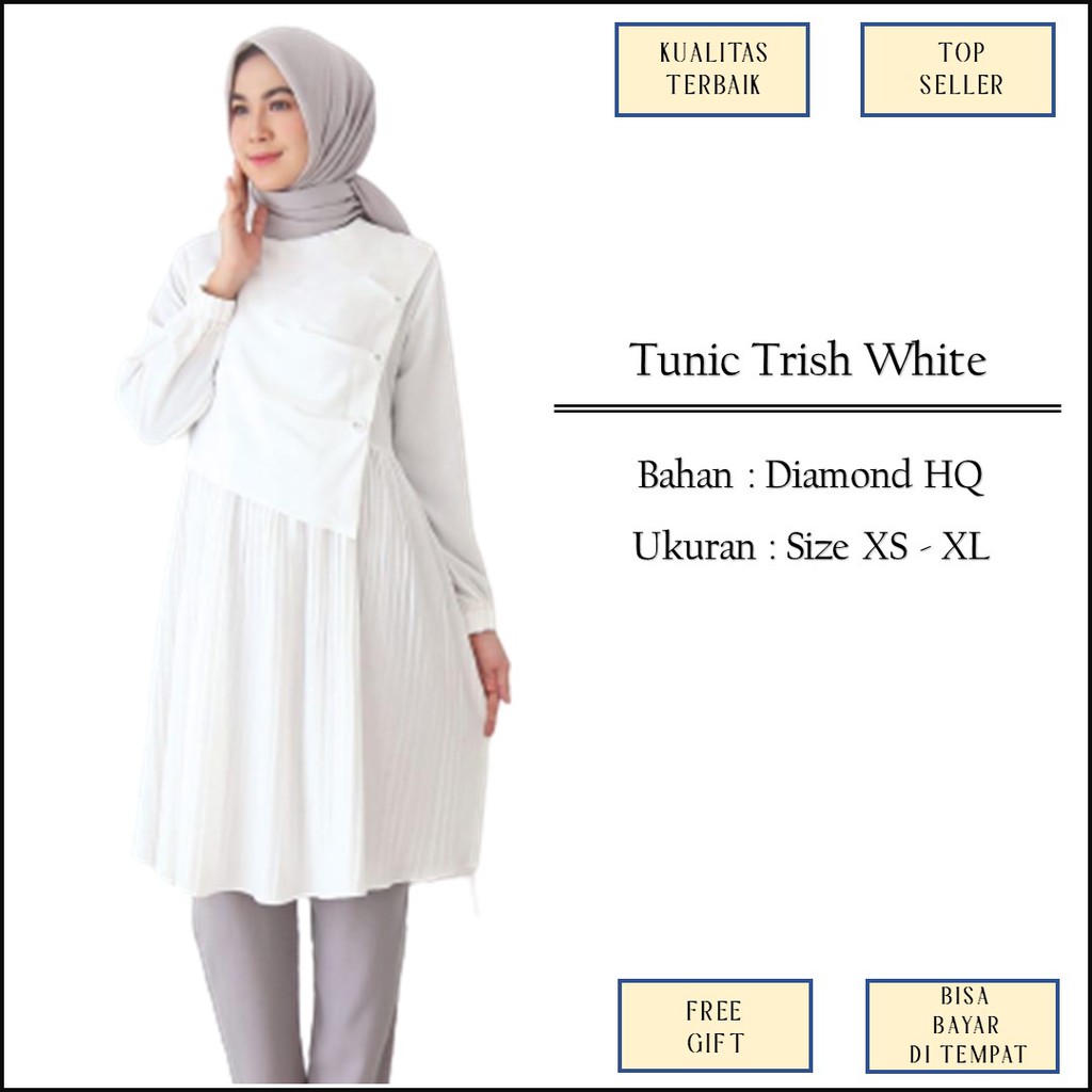 Baju Atasan Tunik Tunic Broken White Putih Tulang Kombinasi Plisket Variasi Pita Size XS XL Jumbo M1