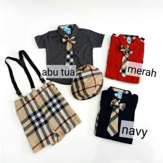 Baju setelan suspender bayi laki-laki burberry set topi dasi