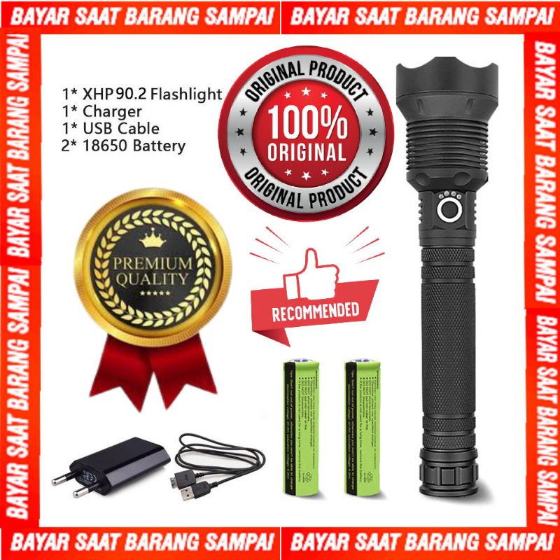 Senter LED Super Terang Jarang Jauh 90.000 Lumens XHP90.2 Original charger usb