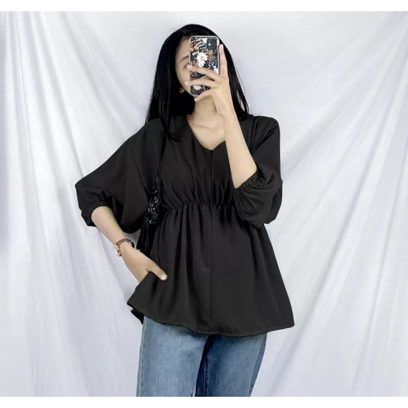 BAJU ATASAN WANITA TERBARU TENGAH KARET MOTIF POLOS TERMURAH