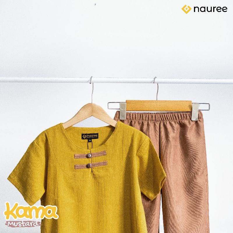 Nauree - Baju Setelan Anak Laki Laki Kama Untuk Usia 1 2 3 4 5 6 7 8 Tahun Warna Mustard Demin Polos Bahan Linen Crinkle &amp; Baby Coduroy Kualitas Premium Untuk Jalan Jalan Lembut Modern Lucu Trendy Murah Jahitan Rapih