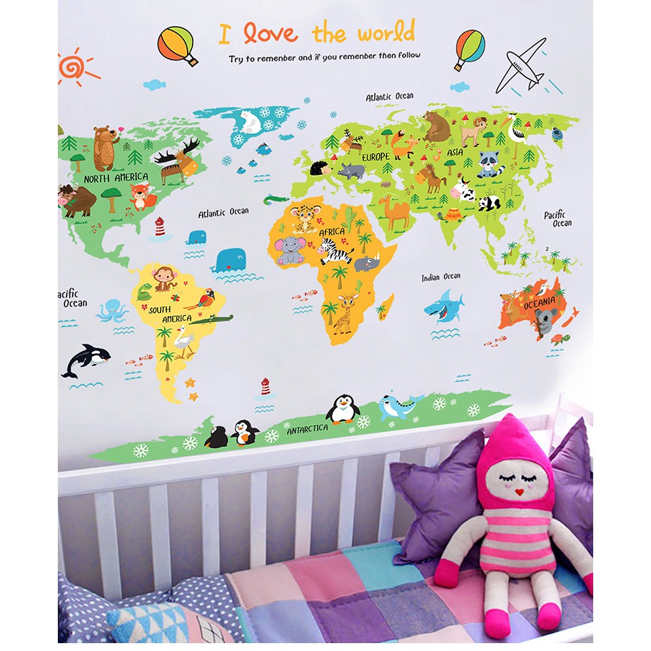 RELIZA WALL STICKER PETA DUNIA ANAK MAP I LOVE THE WORLD ANIMAL ABC1049 STIKER DINDING