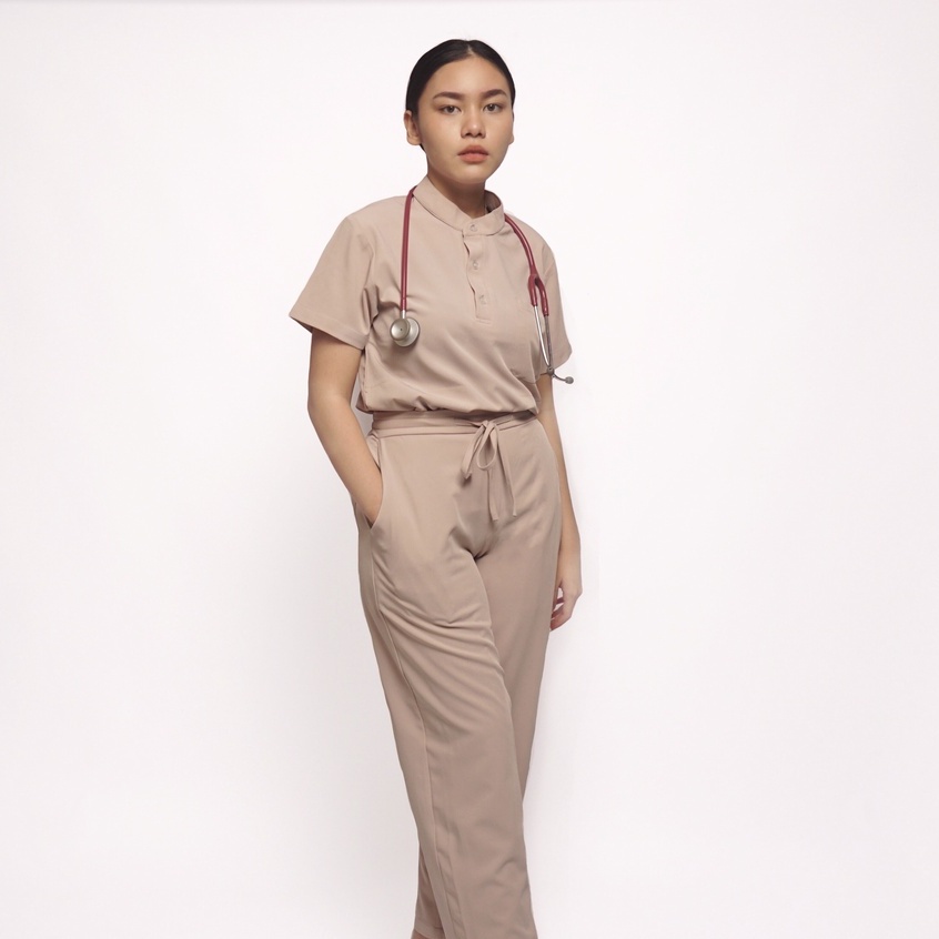 Baju Jaga MSS - CREAM Scrubs on Call Stretchy Lengan Pendek