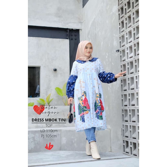 PREMIUM Tunik Mbok Tini Batik Jumputan Karakter Putih Biru Baju Panjang Muslim Payung Solo Handmade Wanita Casual Santai Formal