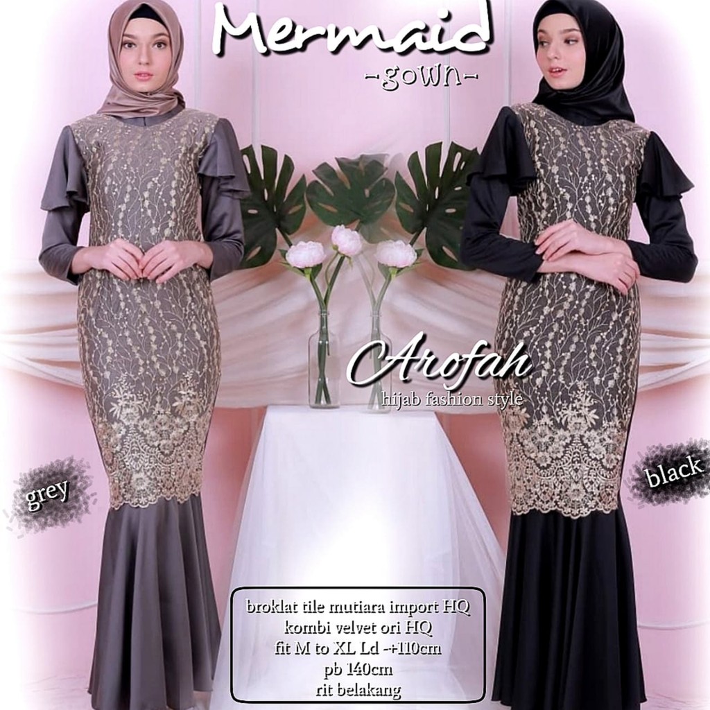 fashion muslim MERMAID gown gaun long dress muslim duyung party pesta lengan panjang wisuda