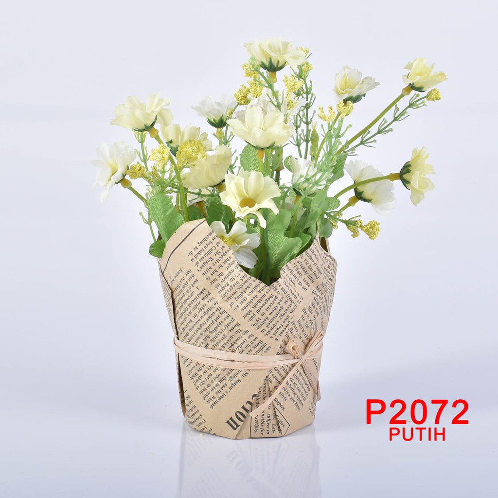 COD / HMPU Bunga Palsu Flower Artificial Bunga PLastik Import Pot Model Koran 3 Warna P2072-PUTIH