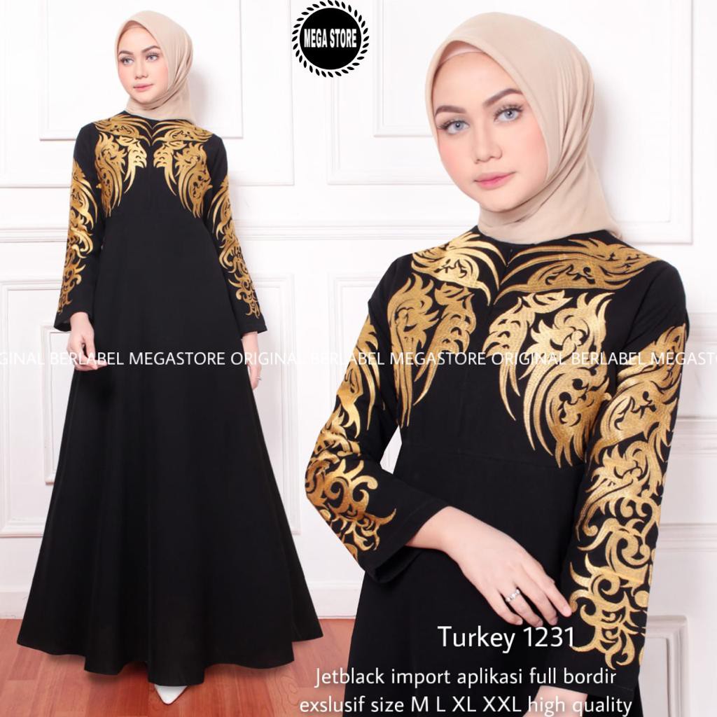 TOP NEW GAMIS ABAYA TURKEY HITAM MOTIF BORDIR JERSEY / ABAYA TURKEY MURAH/ TURKEY 1231