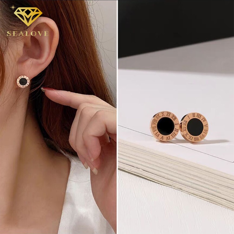 Anting Titanium tindik telinga angka romawi hitam anti karat dan anti luntur asli aksesoris wanita korea