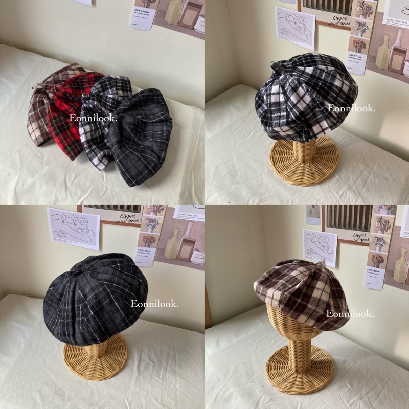 topi baret pelukis korea beret hat kotak flanel / plaid beret hat