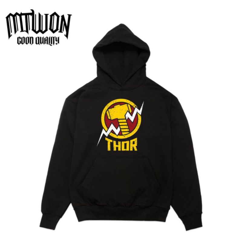 Jaket HoodieTHOR MARVEL SUEPRHERO HAMMER PALU jacket non Zipper hitam pria wanita dewasa tee katun b