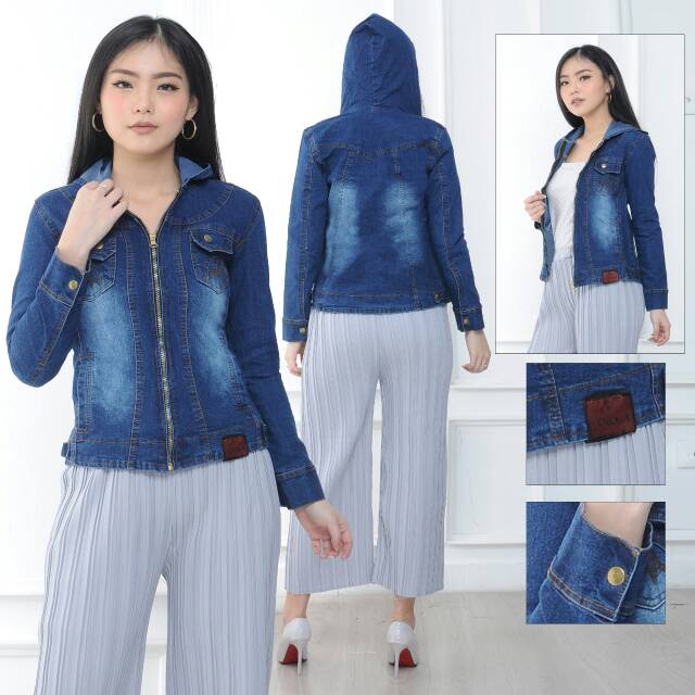 MC girl - Jaket Jeans Resleting Topi Wanita / Jaket Sleting Klupluk Cewek / Jaket Lepis Hoodie Cewe Korean Style Terbaru / Jacket Denim Fashion Model Korea