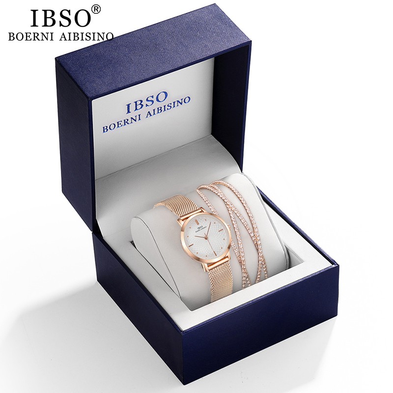 Ibso Set Jam  Tangan  Quartz Mewah Warna Rose Gold Hias  