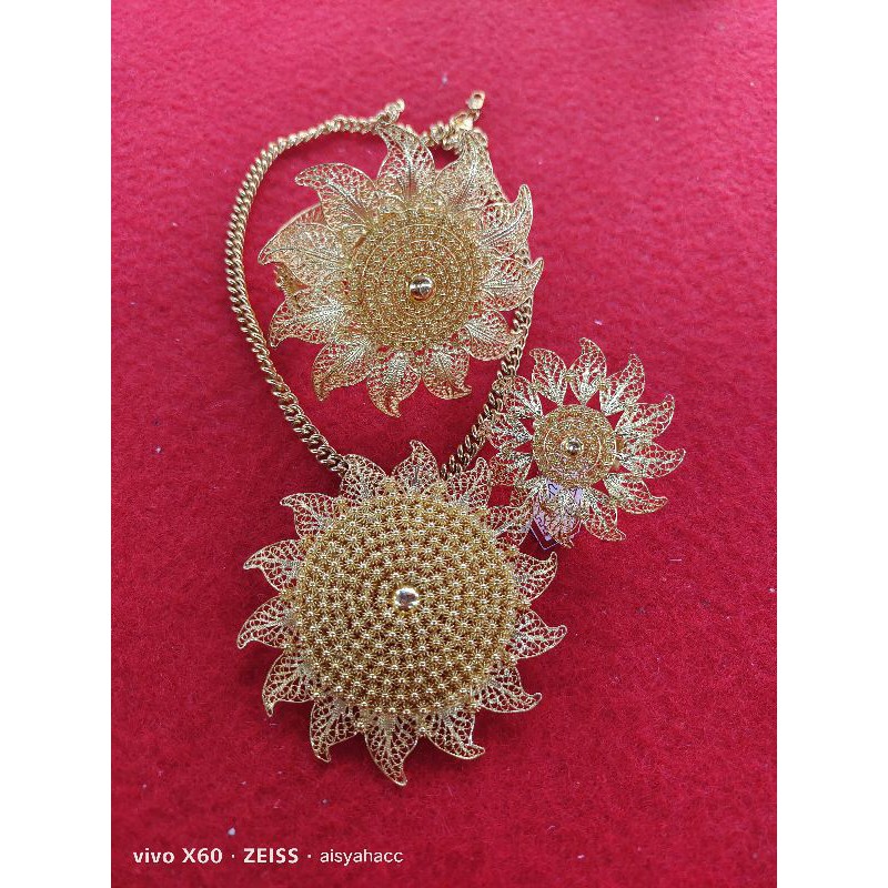Set Gelang, Cincin dan Kalung Matahari Lapis Emas Bahan Perak