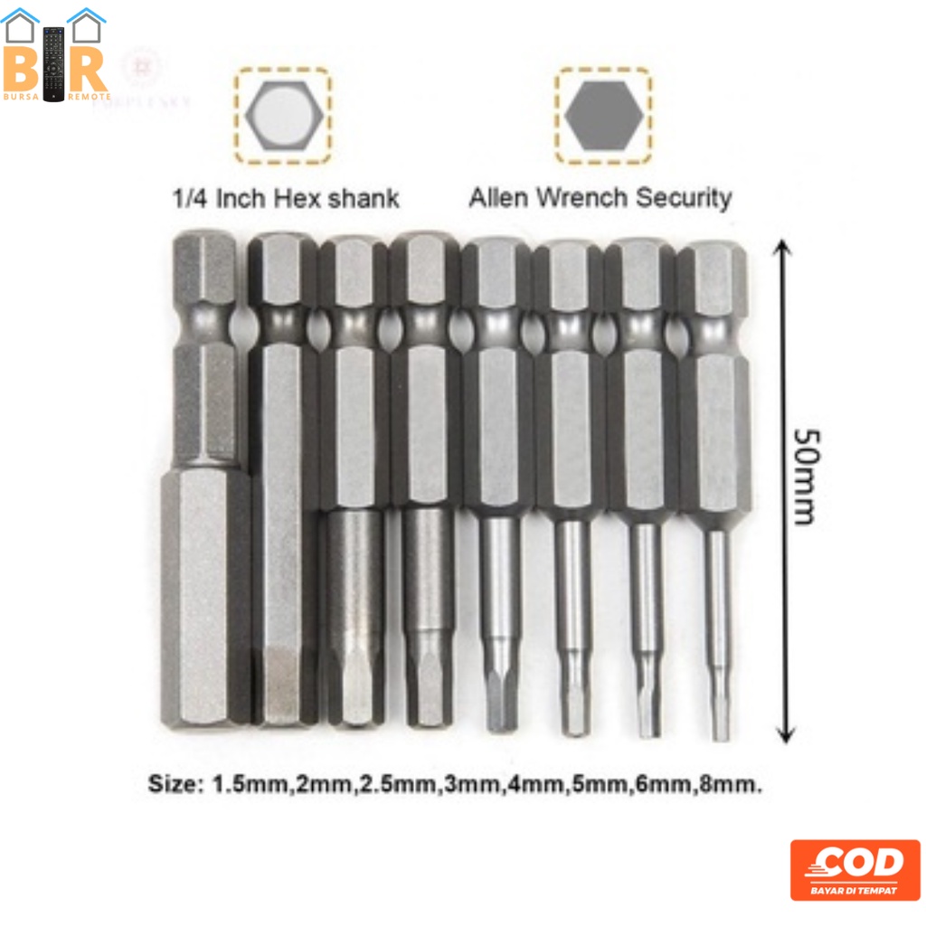 SET 8 PCS MATA OBENG KUNCI L HEX SHANK 1/4 S2 5cm MAGNETIK BAHAN BAJA ALLOY STEEL