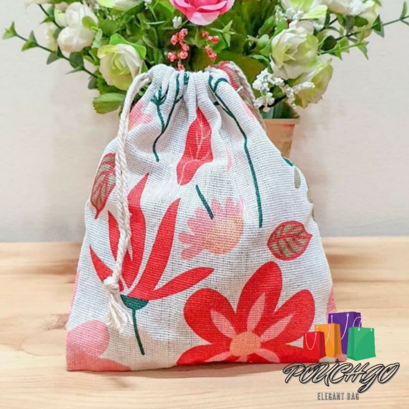 Pouch Serut Travel Pouch Organizer Souvenir Tas Serut Kain Goni Motif Bunga Ukuran S
