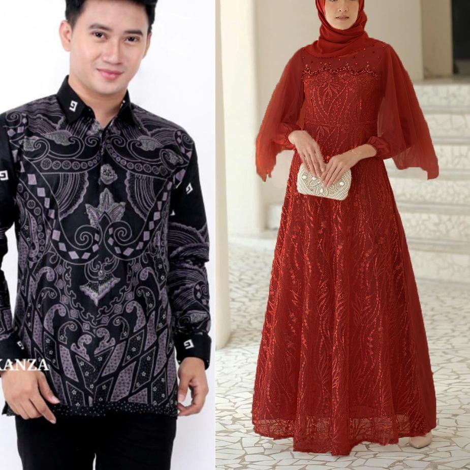 Tren Kekinian.. Baju Batik Couple Gamis Brukat | Batik Couple Baju Tunangan - Gamis Brukat Couple - 