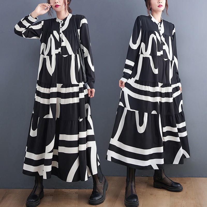 Wanita Mode Hitam Sifon Bunga Gaun Kemeja Panjang Kebesaran