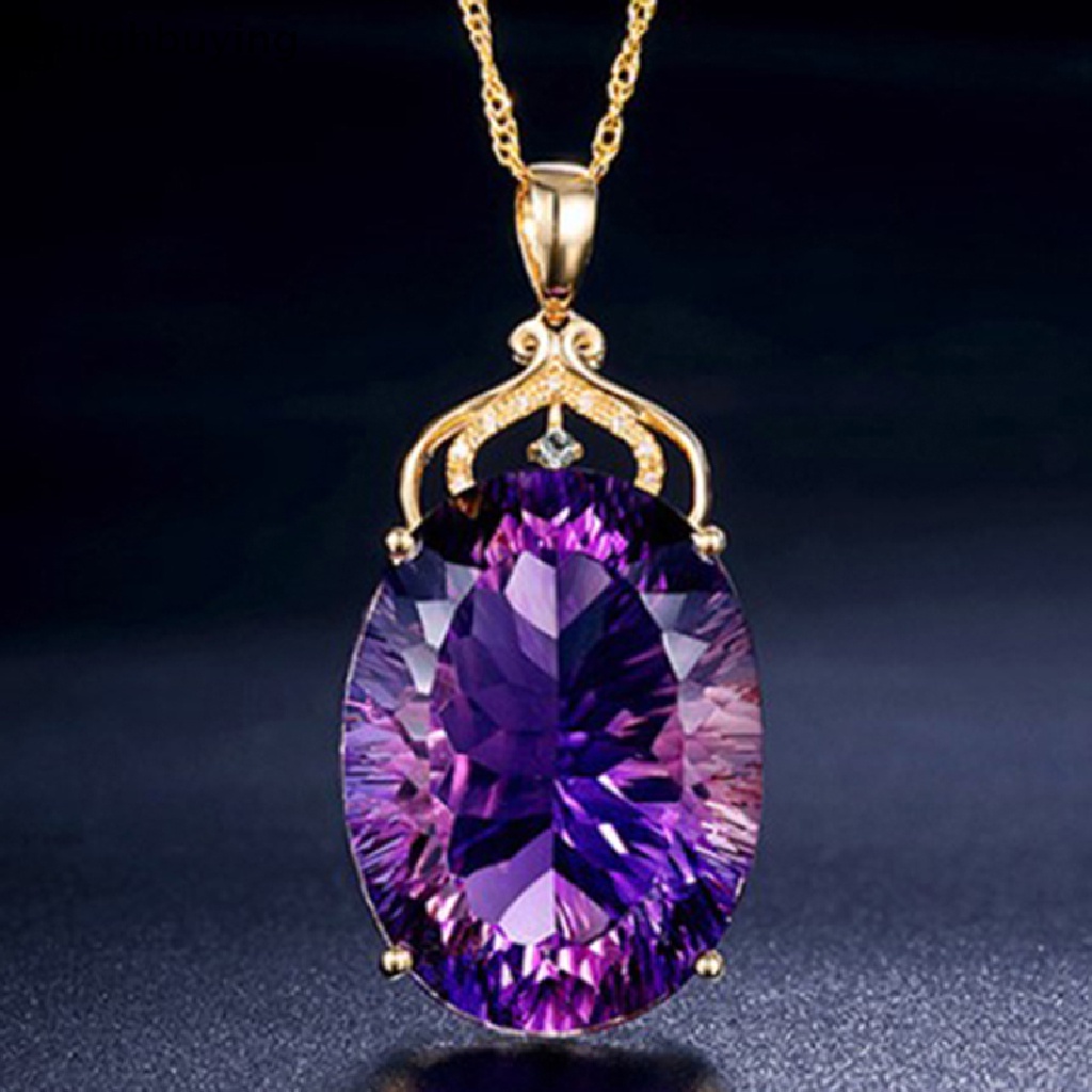 Hbid Kalung Rantai Liontin Batu Amethyst Warna Silver / Gold Untuk Wanita