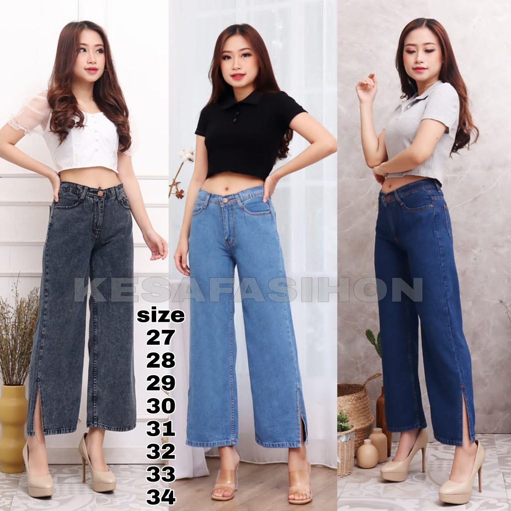 KULOT JEANS BELAH SAMPING // CELANA KULOT HW BELAH JEAN TEBAL / HIGHWAIST KULOT JEANS WANITA EONNI