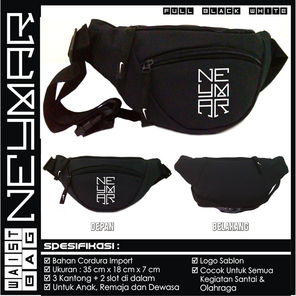 Waistbag Tas Pinggang Neymar Junior Full Black Varian List White Red Greenlight Putih