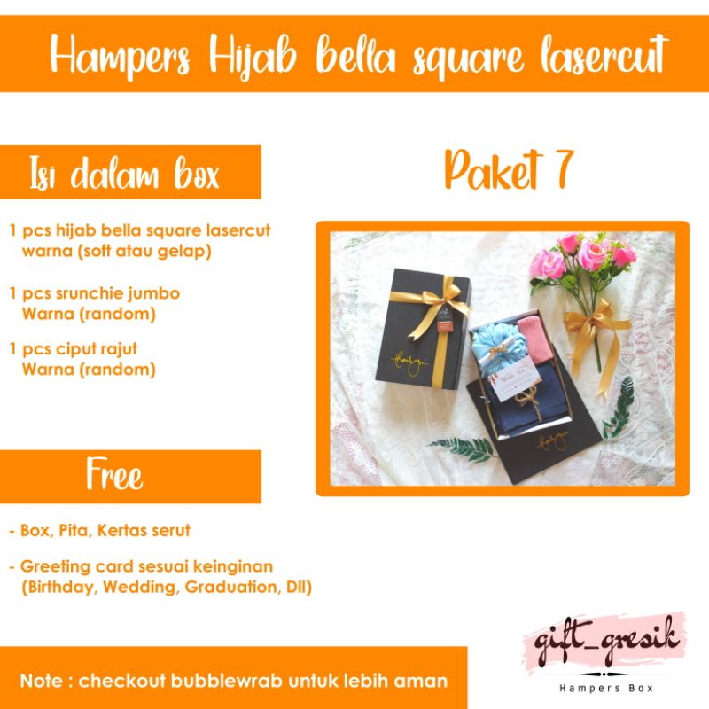 

Hampers hijab/Gift box hijab/Paket 7/Hijab bella square lasercut/Kado ulang tahun/Wisuda/Nikahan
