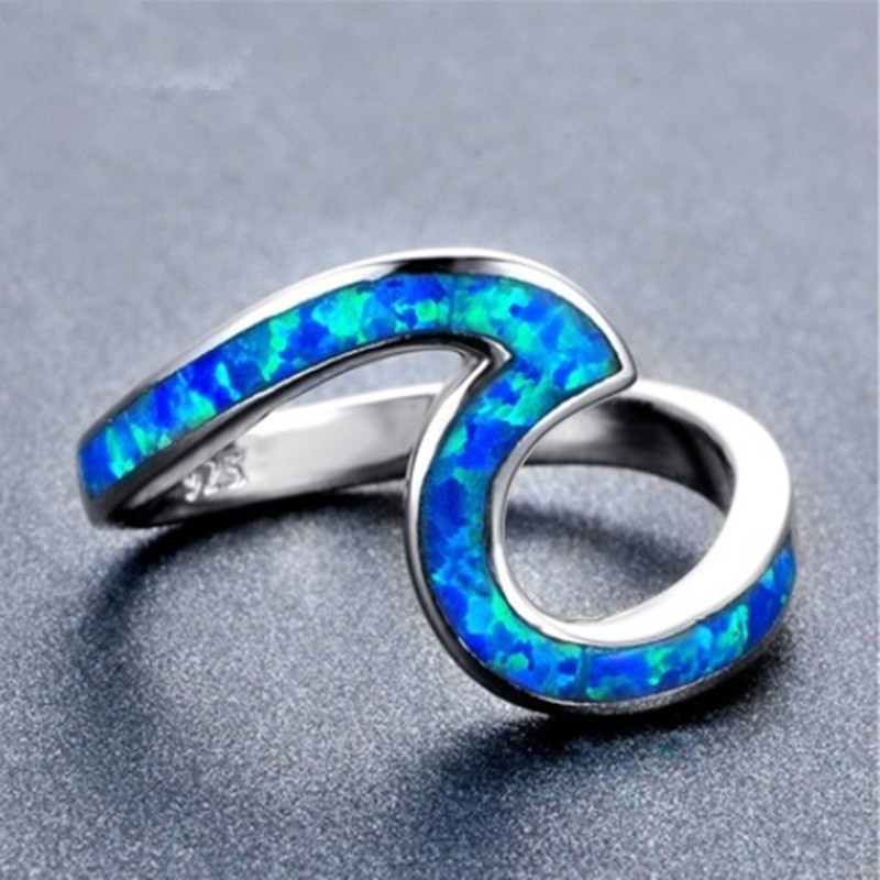 925 Sterling Silver Wave Design Ocean Blue Fire White Stone Personality Charm Ring Size 5-12