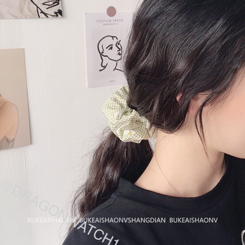 [Fashion Wanita] Ikat rambut pola daisy Kain kotak-kotak kecil klasik tali rambut elastis   T005