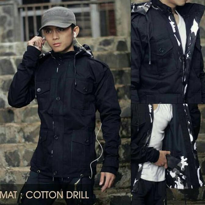 JAKET COWOK JAKET PARKA PRIA HITAM KOMBINASI LORENG - ARMY KEREN