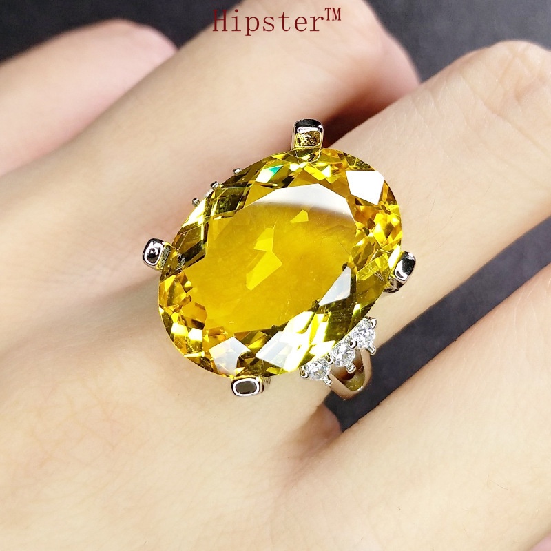 Classic Fashion Temperament Inlaid Platinum Egg-Shaped Yellow Gem Couple Romantic Ring