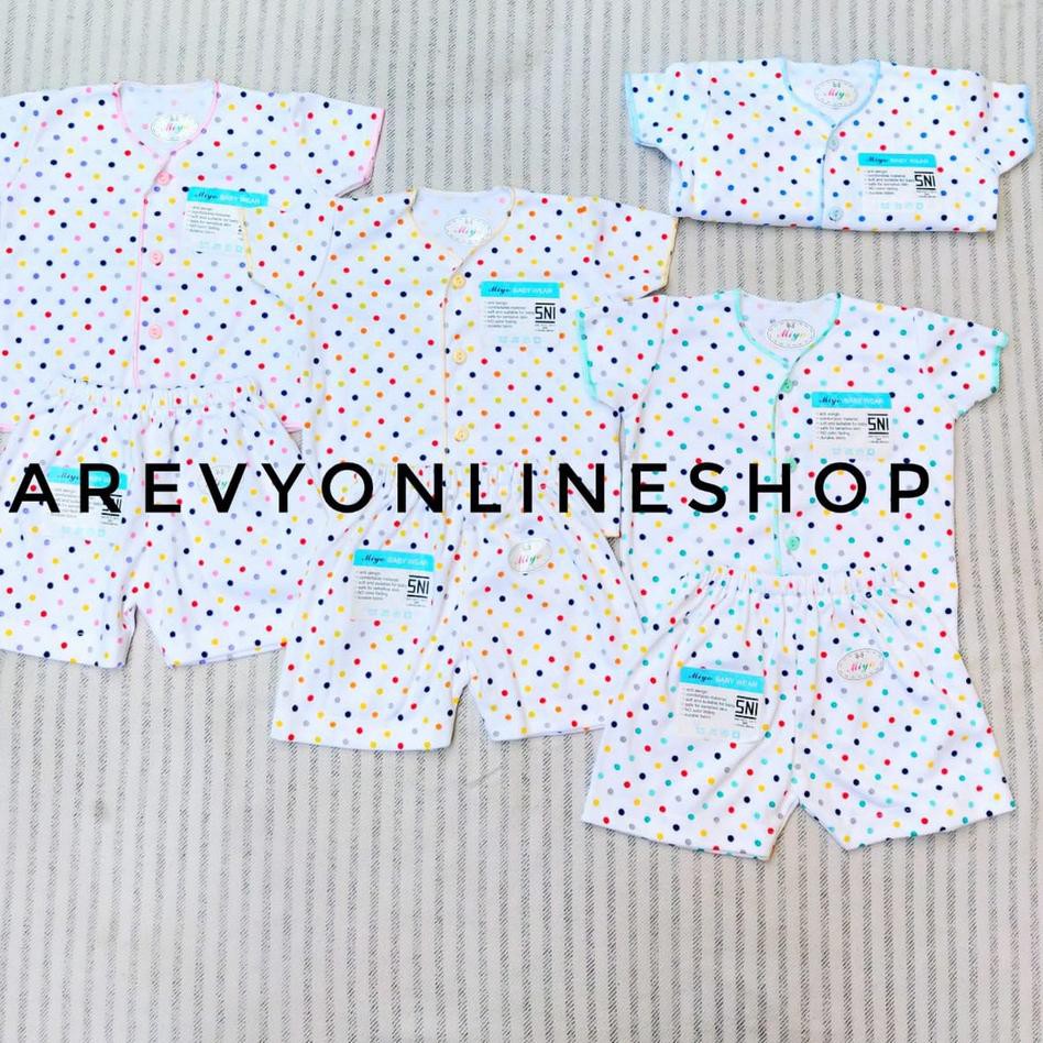 Garansi Termurah Miyo Setelan Baju Pendek Celana Newborn Motif Polkadot 0-6 Bulan Piyama Bayi ,,,,,