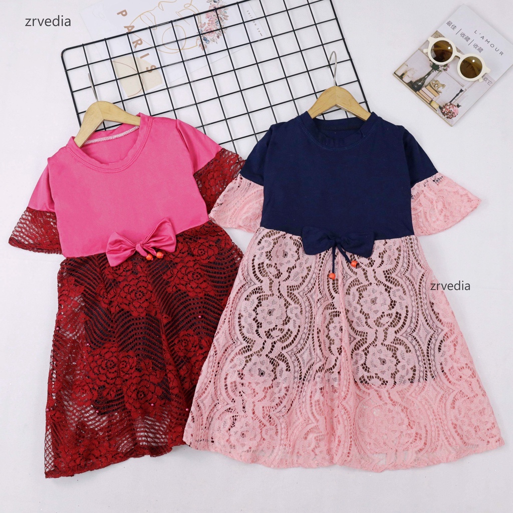 Dress Brokat Laura uk 5-6 Tahun / Dres Baju Anak Perempuan Motif Gaun Brukat Pesta Import Quality