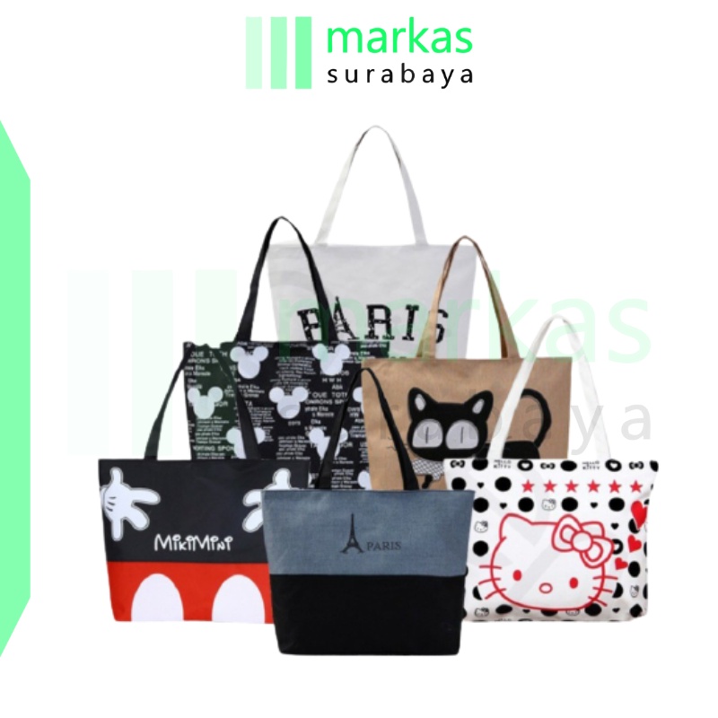 MARKAS MS1390 Totebag Wanita Tote Bag Resleting Kanvas Karakter