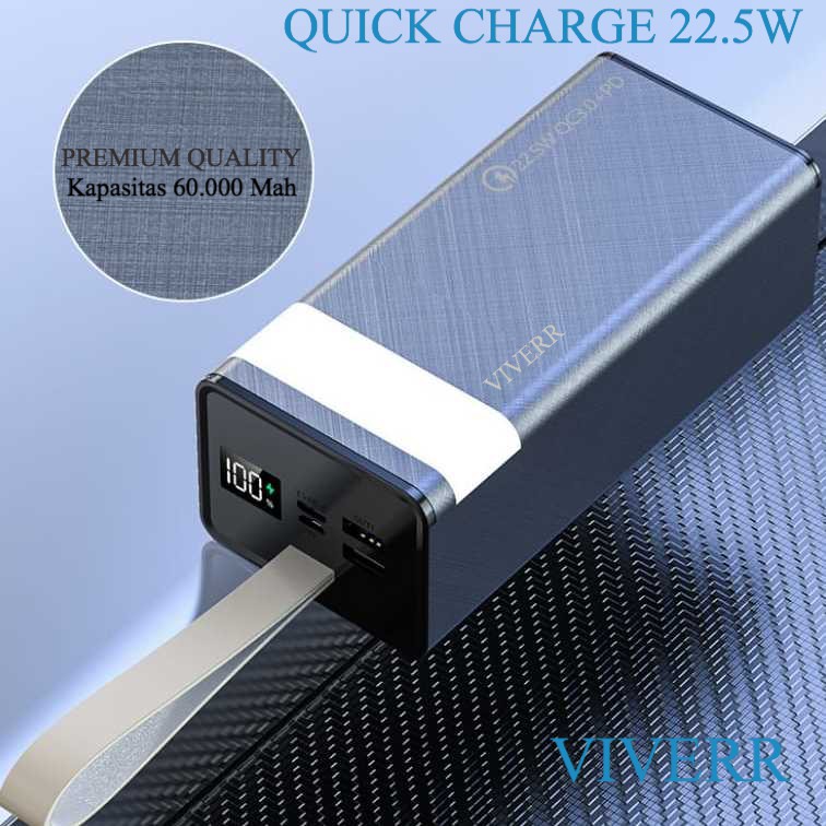 Powerbank VIVERR Real kapasitas 60.000 Mah Quick Charger 22.5W QC3.0+ PD Fast Charging Original.