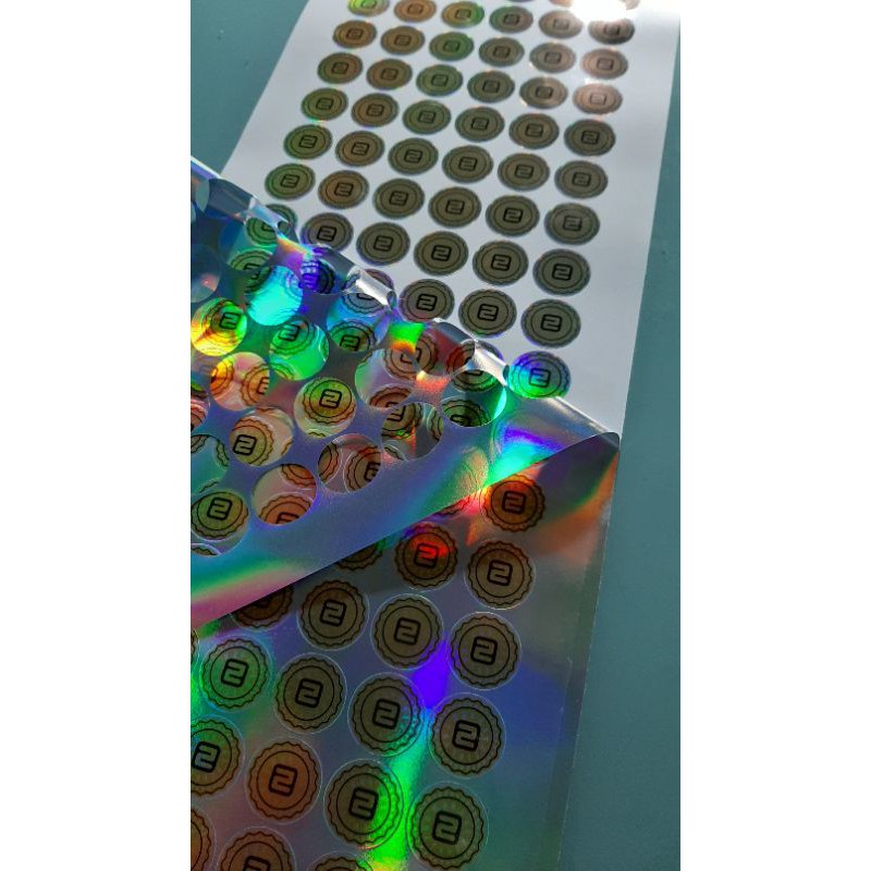 

stiker custom label hologram pelangi nama toko logo komunitas