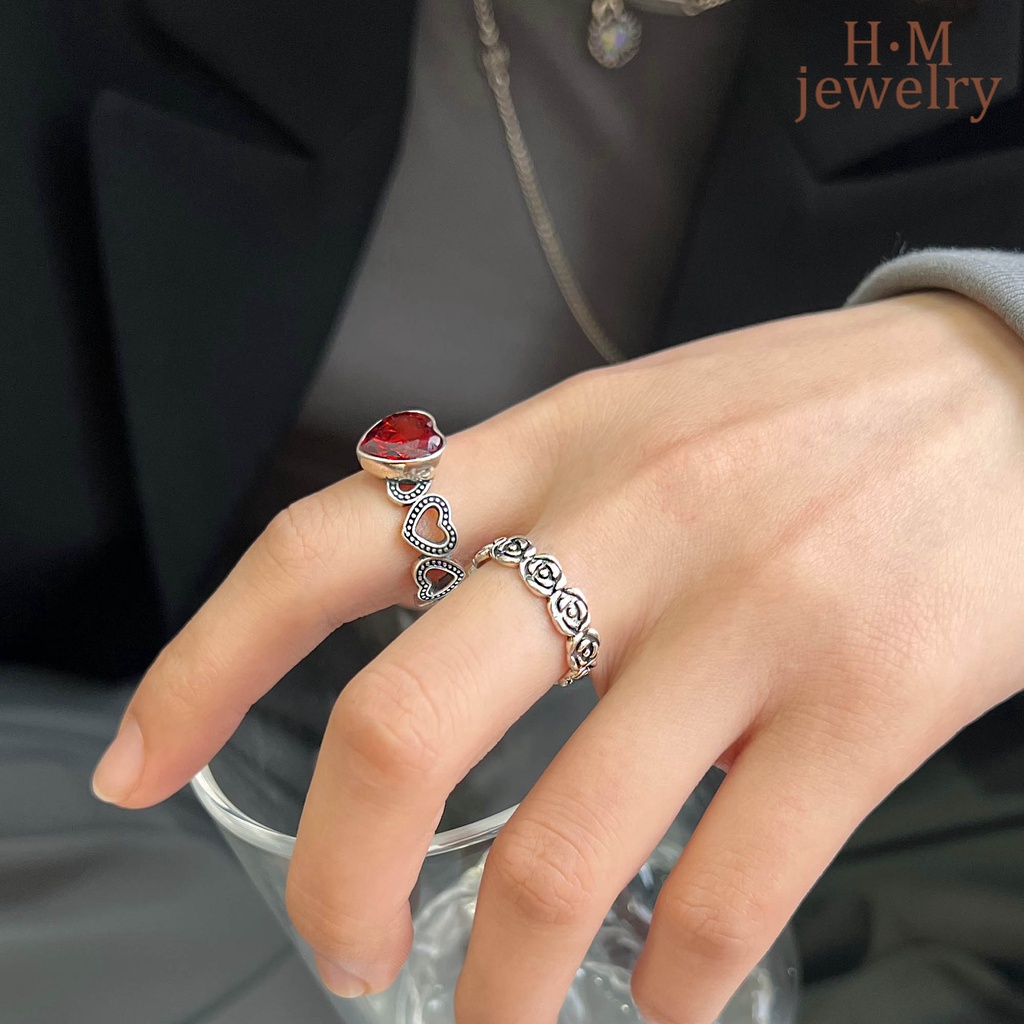 Cincin Model Terbuka Bentuk Hati Warna Merah Darah Merpati Gaya Retro