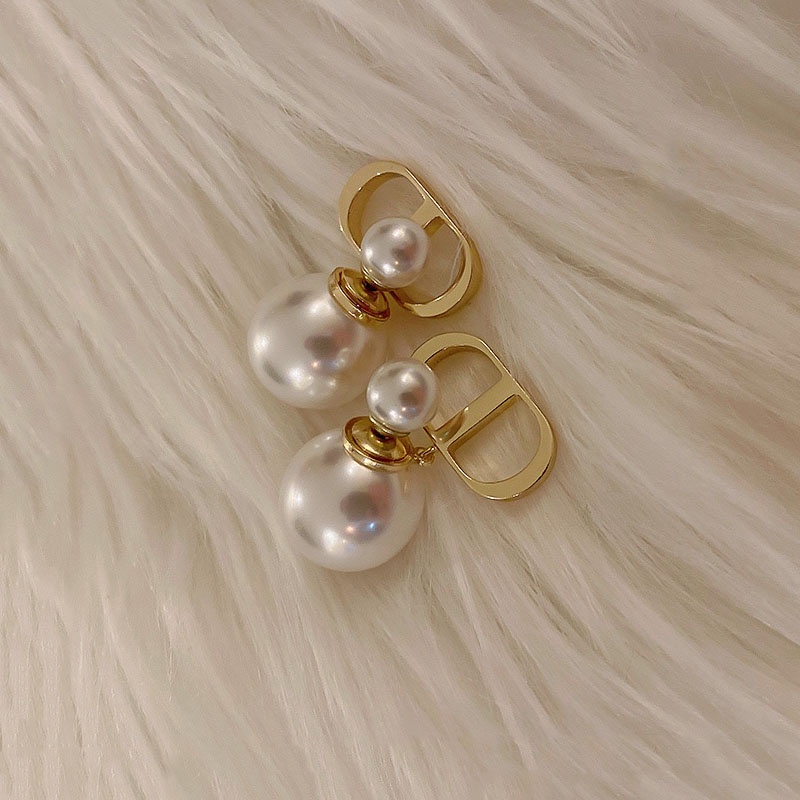 Anting Stud Desain Huruf D Ganda Aksen Mutiara Bahan S925 silver Gaya Perancis