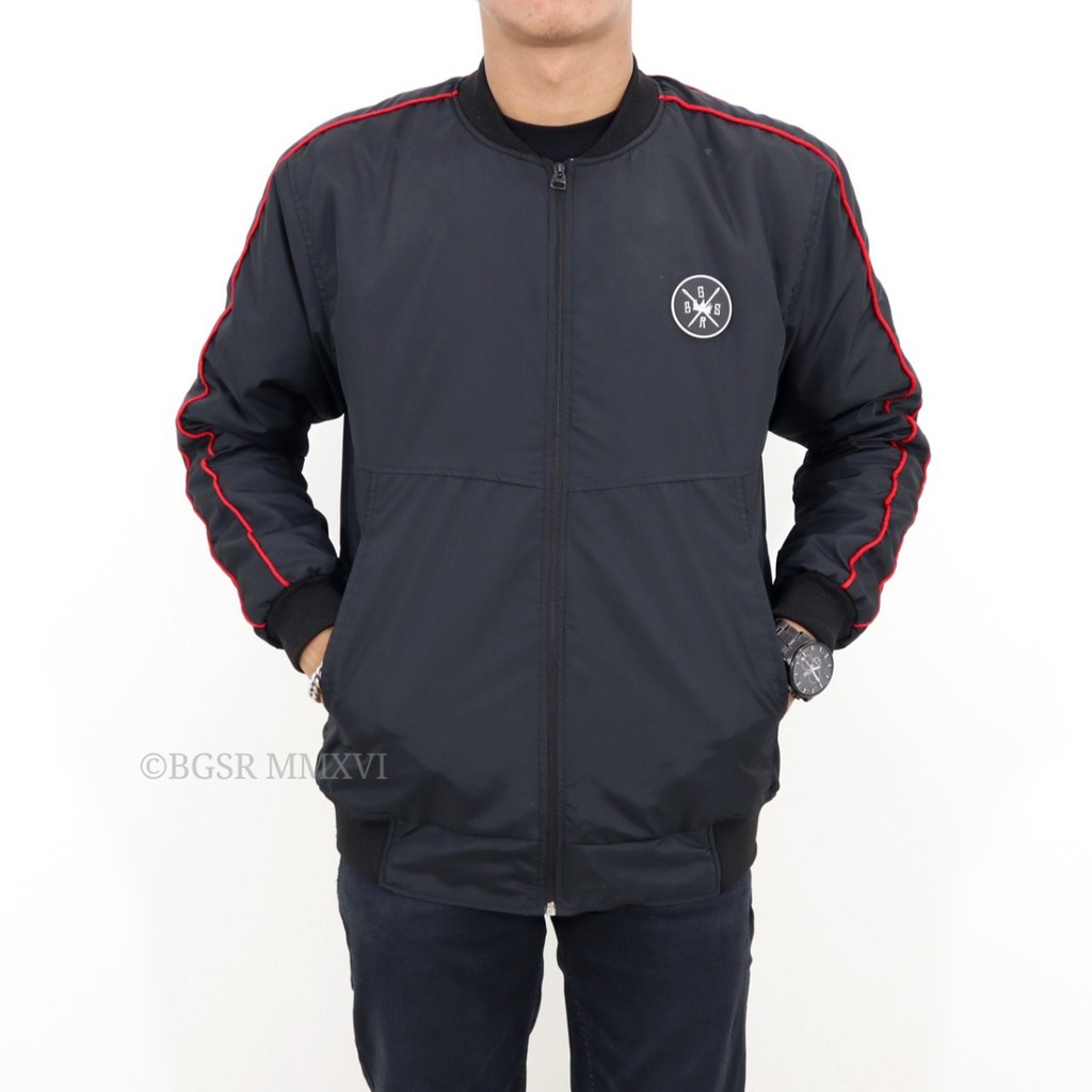 BGSR Jaket Bomber Bulat List Hitam Jaket Parasut Pria